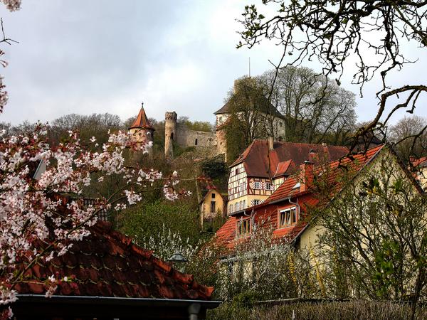 Blick auf die Burg Neidenstein im Frühling